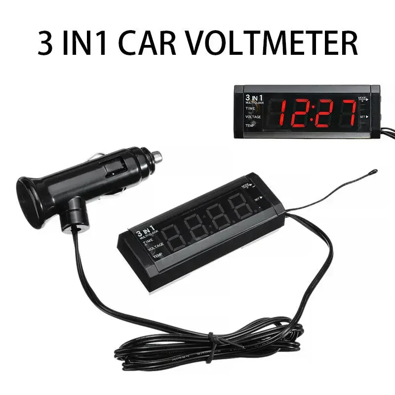 

12V Mini 3 In 1 Car CAR LED Voltmeter Thermometer LED Clock Digital Display Timer Voltmeter Interior Electronic Accessories