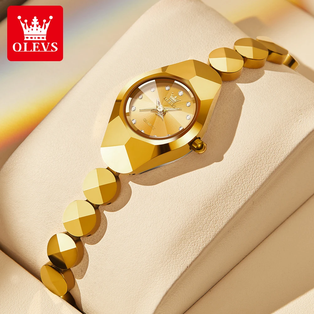OLEVS 7007 Ladies Watches Original Quartz Wristwatch Rhombus Mirror Diamond Scale Tungsten Steel Watch for Women Bracelet Set
