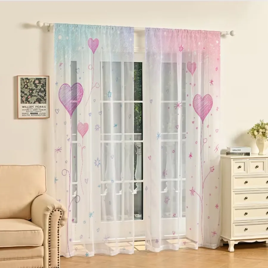 2PCS Digital Print Sheer Curtains, Pink Blue Gradient Heart, Dreamy Ombre Romantic Style for Bedroom Living Room Home Decor