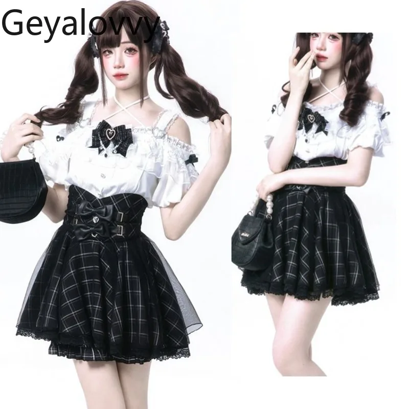 オフショルダーレースブラウス半袖シャツトップとハイウエストメッシュショートパフスカート制服一式