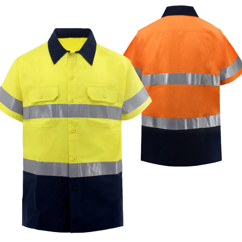 Two Tone Short Sleeve Safety Work Shirt Reflective Workwear 100% Cotton Yellow Navy Safety Shirts With Hi Vis Tapes