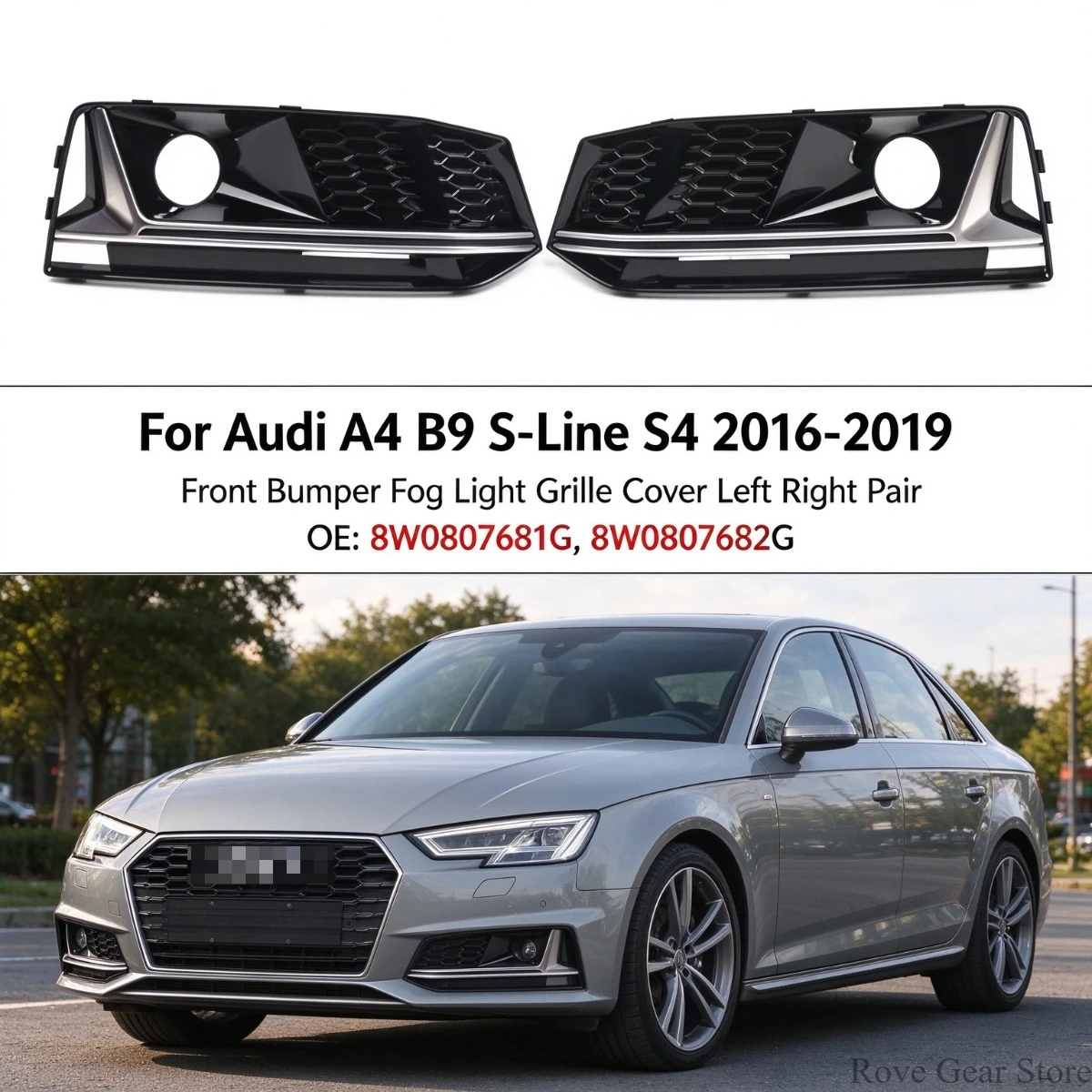 For Audi A4 B9 S-Line S4 2016-2019 Front Bumper Fog Light Grille Cover Left Right Pair 8W0807681G 8W0807682G