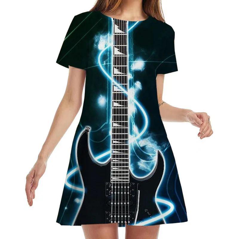 Guitar 3D Pattern Print Women Dress Summer Fashion Street Hip Hop Rock Music A-Line Dress Casual Short Sleeve Party Mini Dresses