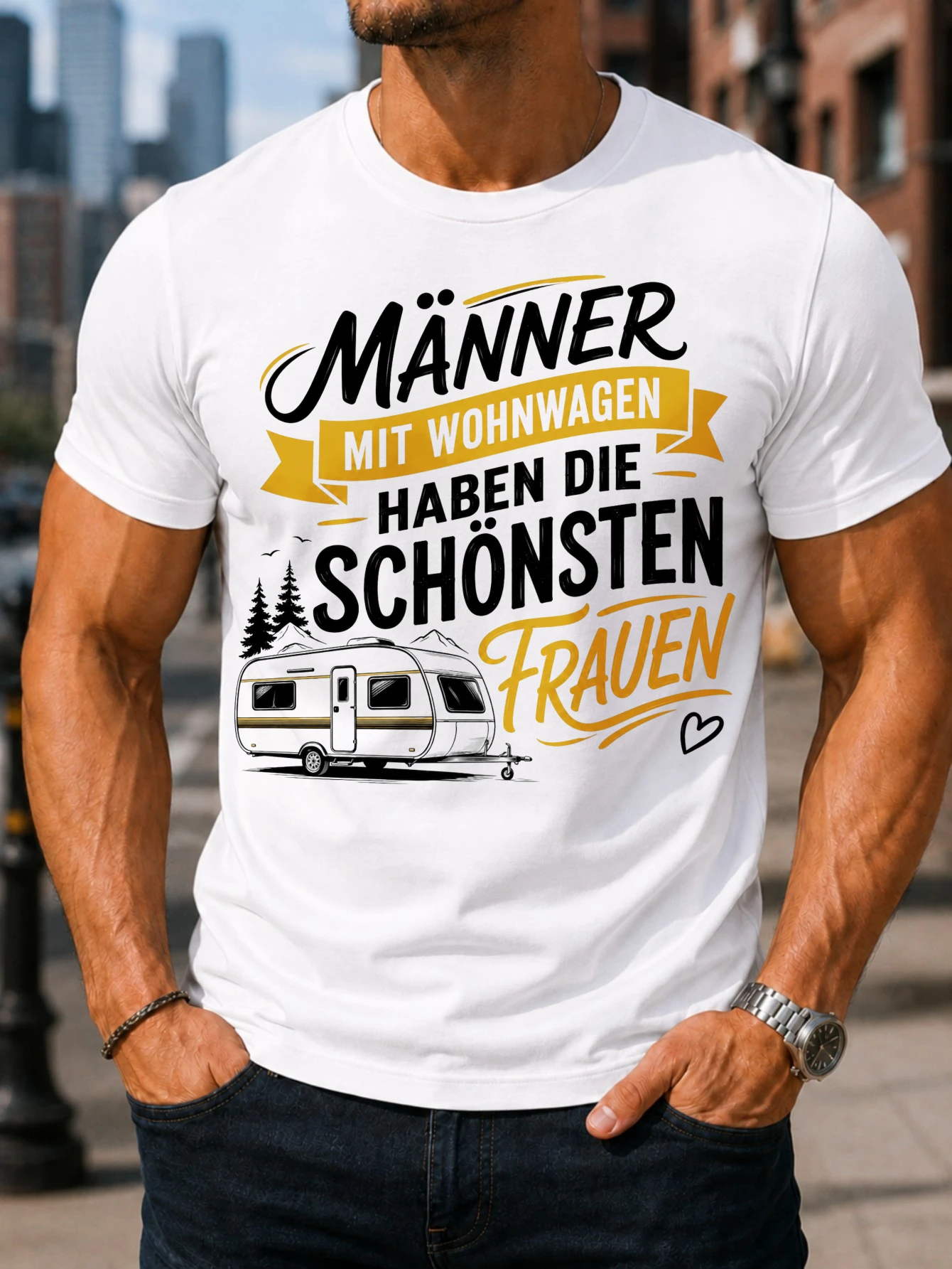 German Caravan Script Manner Mit Wohnwagen Quote Camper Illustration Heart And Forest Accents  Unisex All T-Shirt