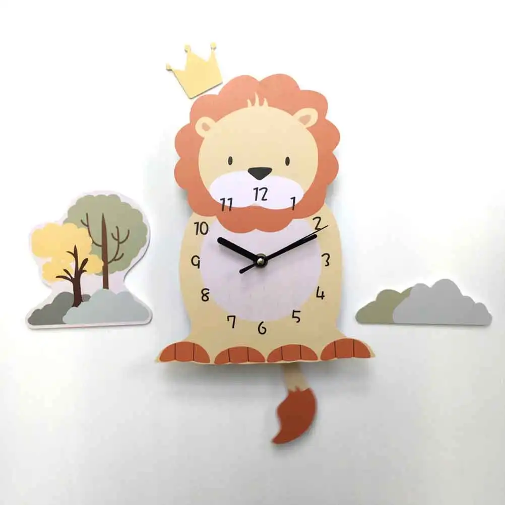 

Cartoon Lion Wall Clock Fashion Elegant Imitation Wood Texture Safe Bedroom Kitchen Living Room Decor Gift