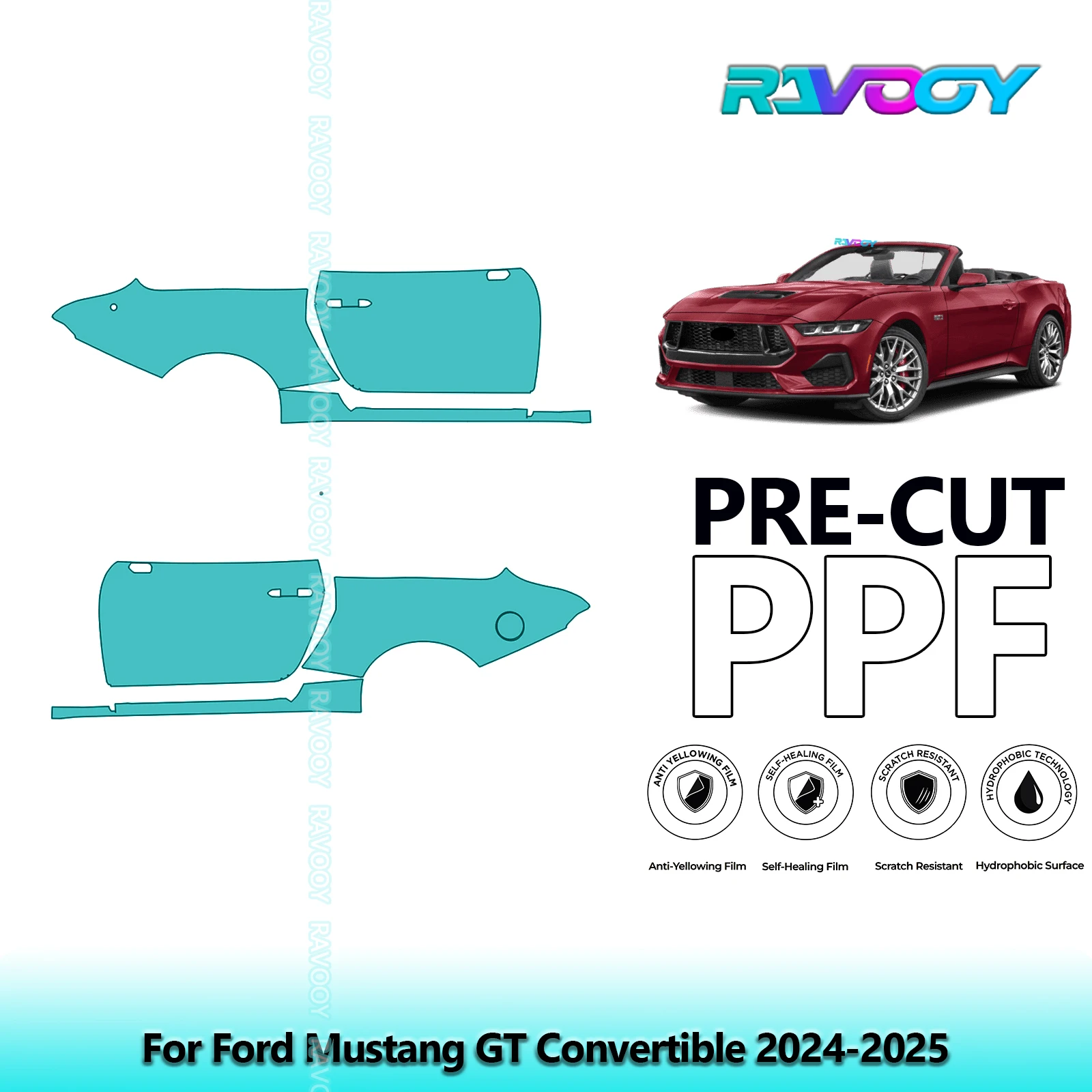 

For Ford Mustang GT Convertible 2024-2025 8.5mil Clear Matte Pre-Cut PPF Door & A/B Pillar Kit TPU Paint Protection Film Set