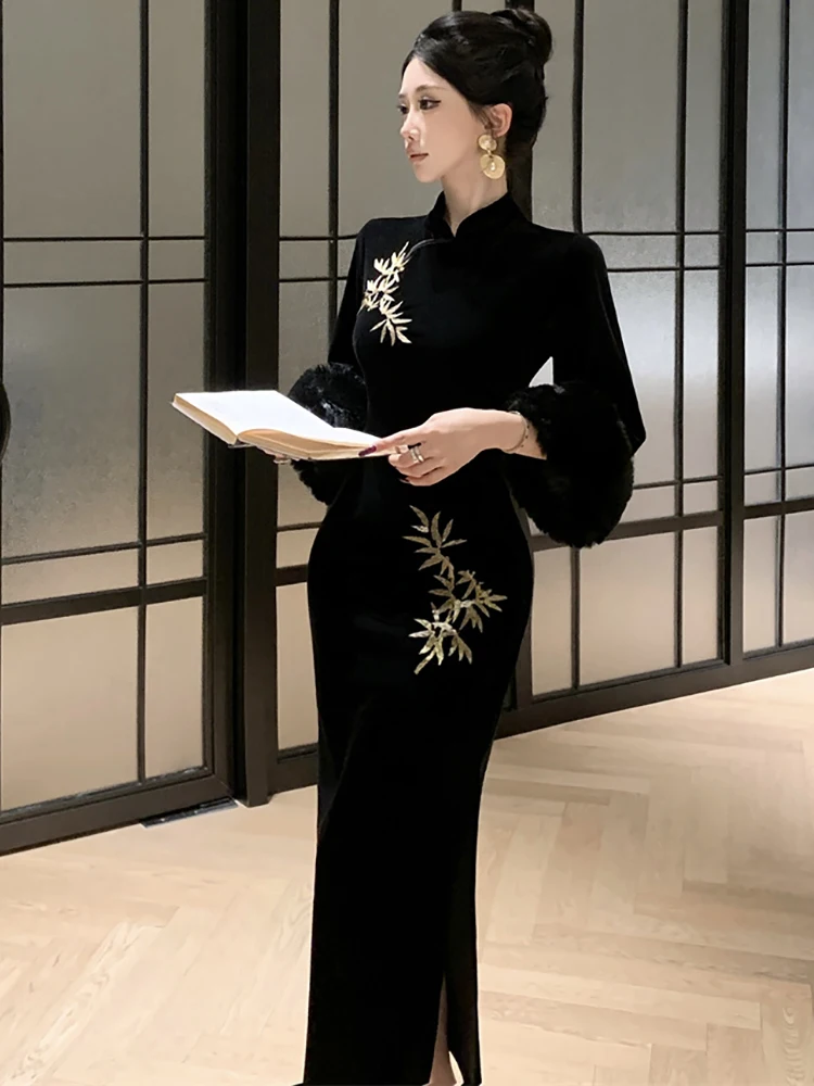 فستان نسائي كوري عتيق من قماش الجاكار المخملي باللون الأسود لعام 2025 فستان هيبورن للحفلات الراقصة للخريف والشتاء فساتين ضيقة أنيقة