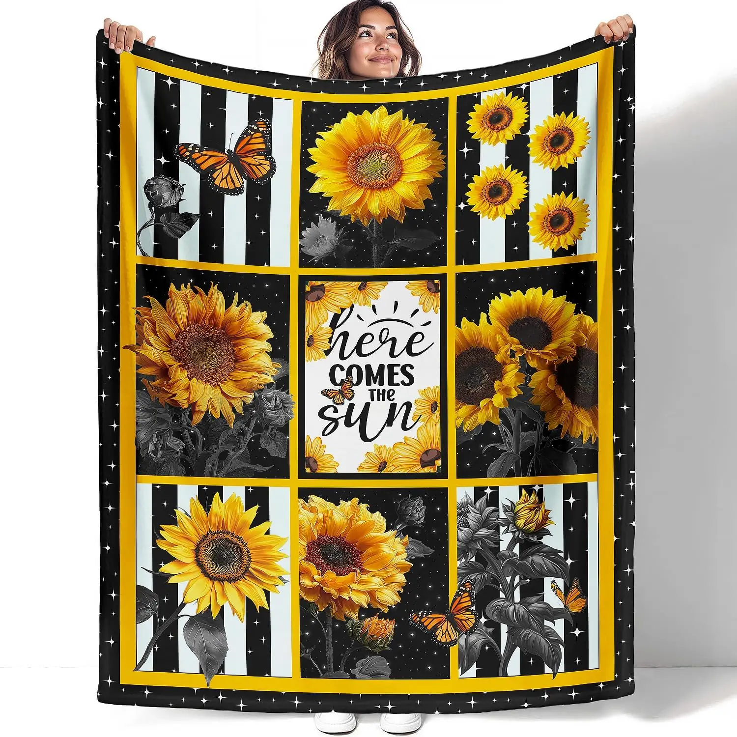 Here Comes The Sun Sunflower Butterfly Pattern Throw Blanket Bright Floral Design for Living Room Decor Gift for Her SunnyHome