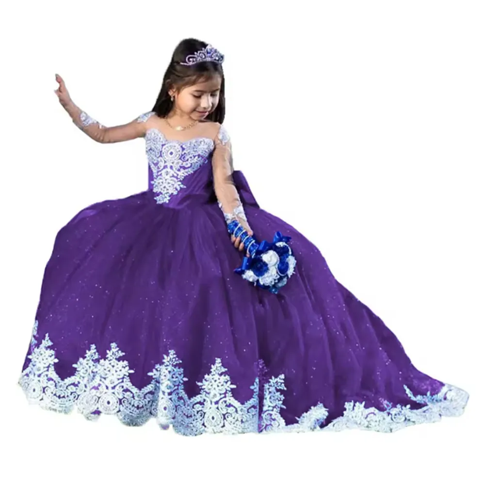 Vestido de menina de flor personalizado para casamento apliques rendas inchado mangas completas princesa pageant crianças aniversário primeira comunhão vestido