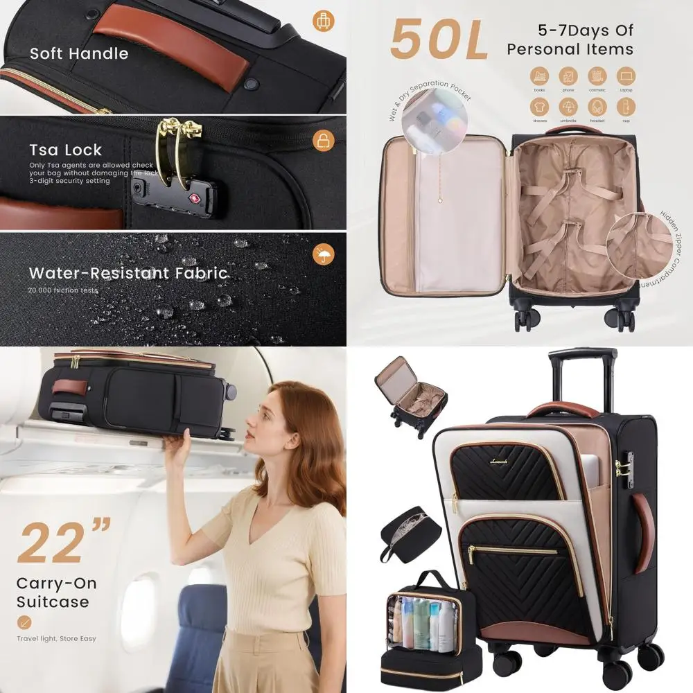 

Airline-Approved 22 Waterproof Softside Carry-On Luggage with Laptop Compartment, 360° Wheels, TSA Lock, and 3 Packing Cubes
