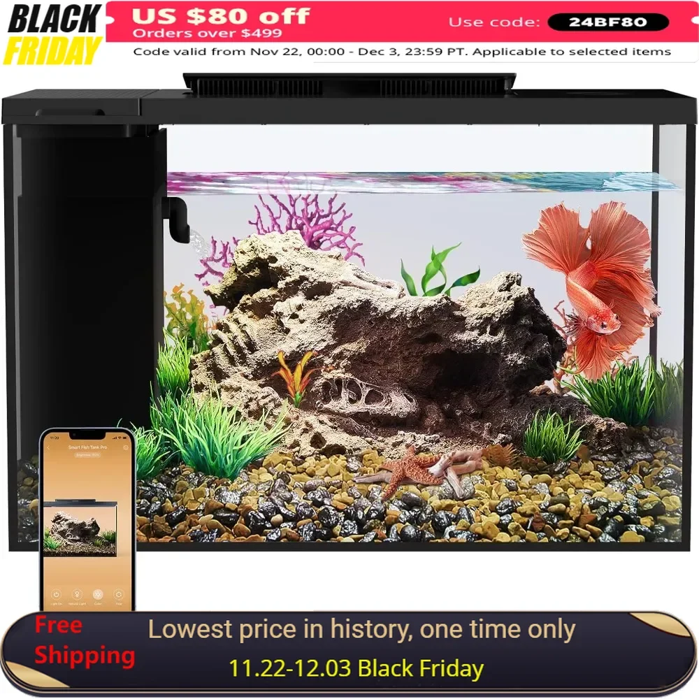 Small Fish Tank, Self-Cleaning, 5 Gallon with Filter Lights Pump, Fish Tank Starter Kit, Aquarium with Landscape