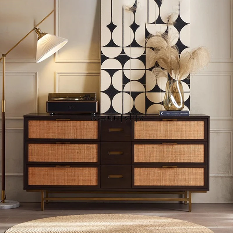 

Medieval retro solid wood six-chest cabinet, rattan storage drawer, wabi-sandy wind porch cabinet