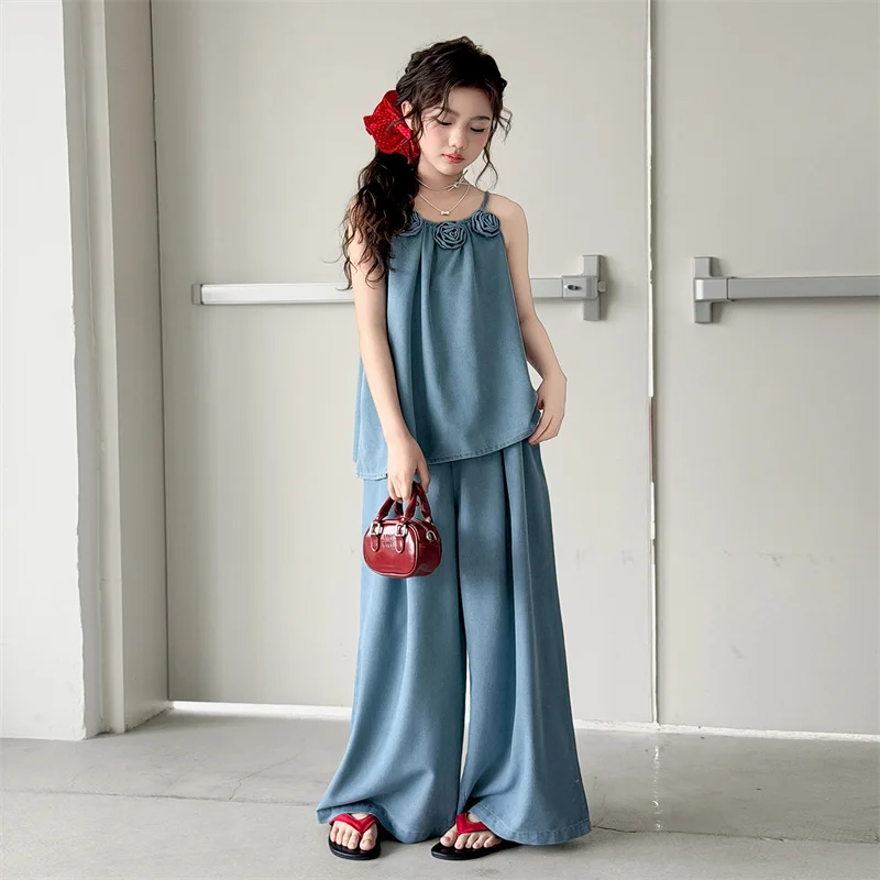 Teenage Girls Denim Suit Three Standing Flower Vest+Wide Leg Pants 2Pcs Summer Thin Children Clothing Sets for Kids New Outfits