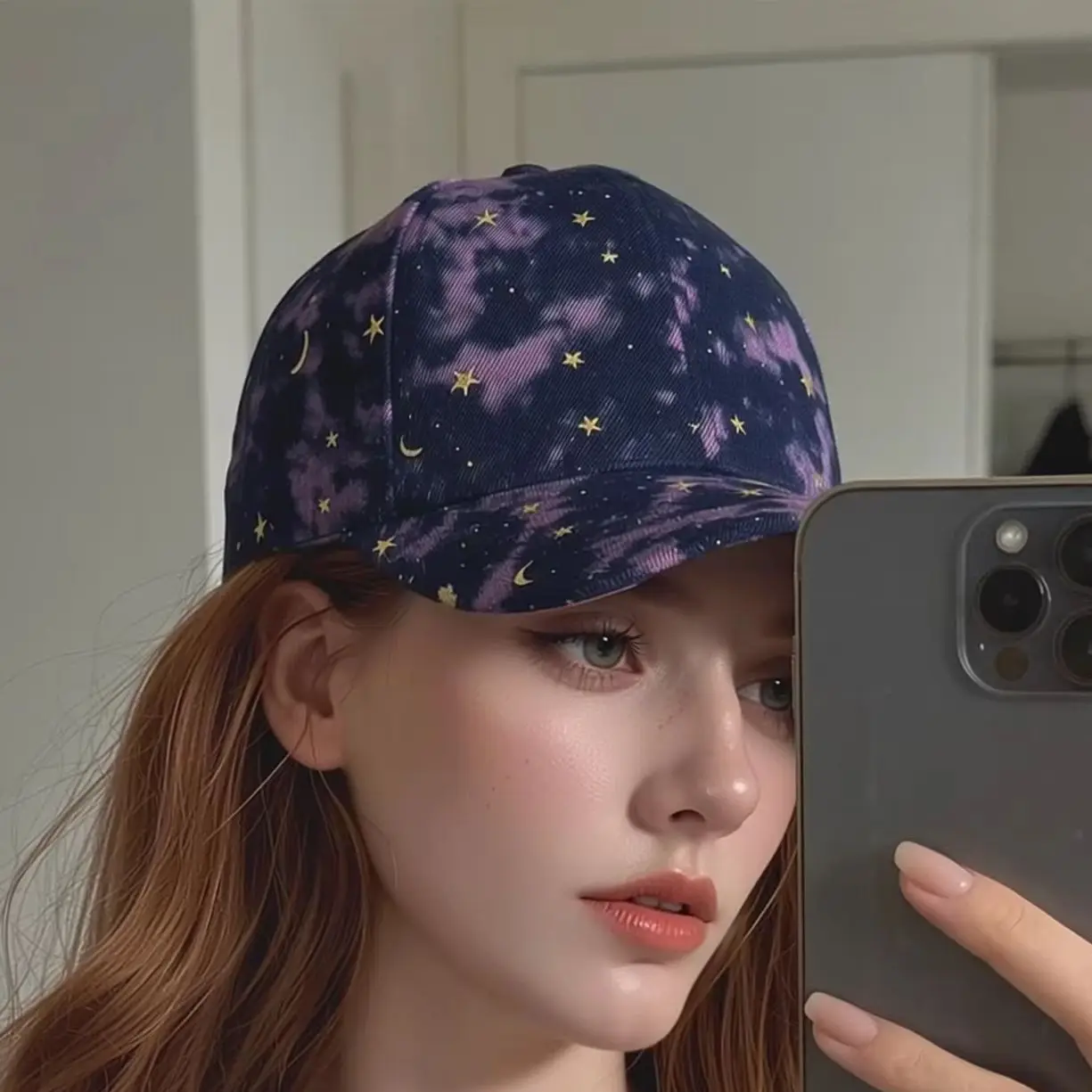 Star Moon Graffiti Denim Curved Brim Euro-American Baseball Duckbill Cap, Trendy Hat for Men Women Street Outdoor Daily Wear