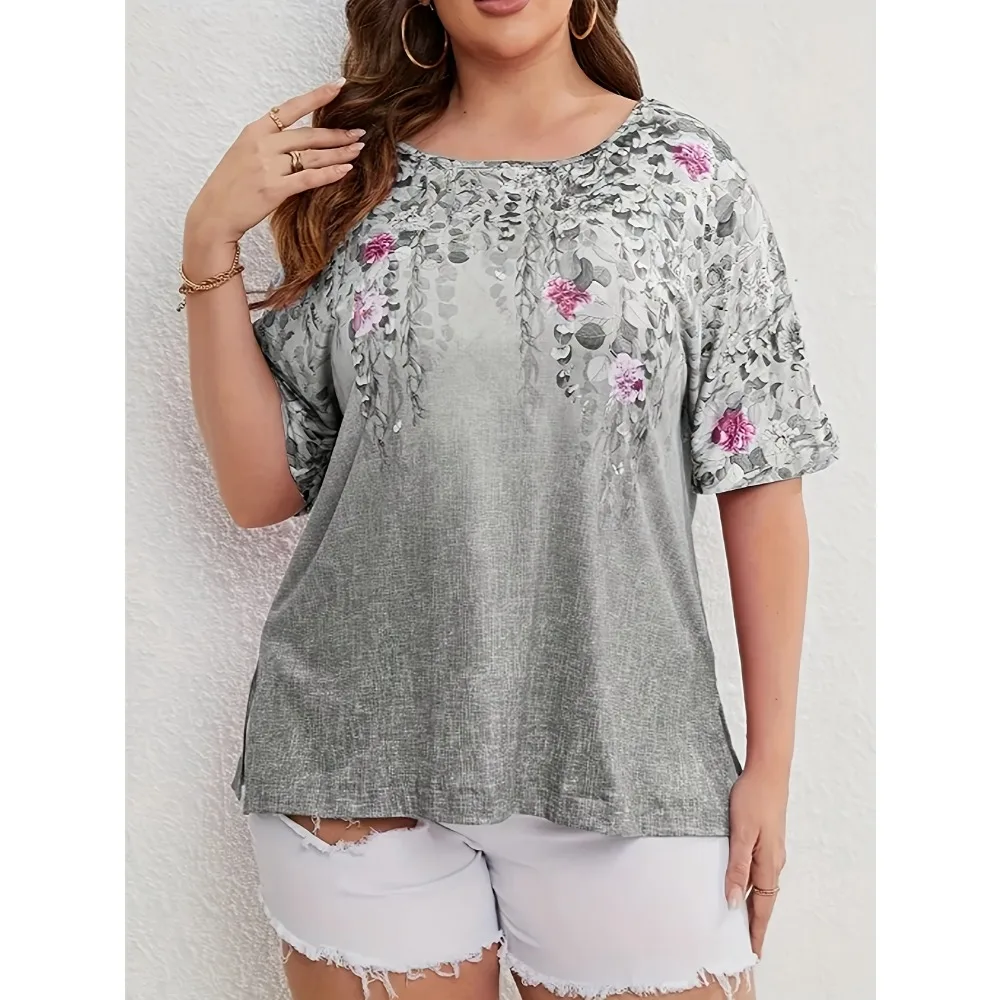 

Плюс размер 1XL-5XL новая женская модная летняя футболка с круглым вырезом и цветочным принтом