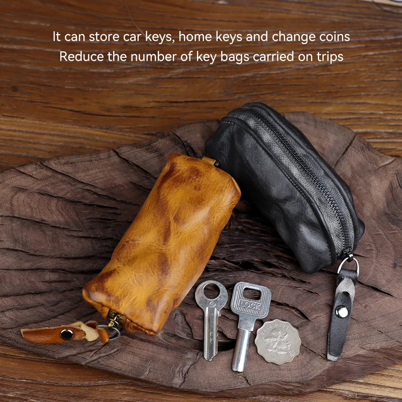 Large Capacity Retro Soft Cowhide Key Bag Zipper Buckle Genuine Leather Key Case Short Vertical Square Shape Soft Surface