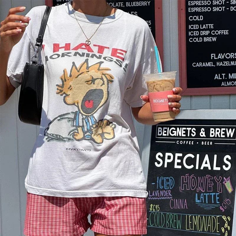 여성용 오버사이즈 스트리트웨어 상의, 90 년대 레트로 만화 그래픽 티, 히피 재밌는 티셔츠, Y2k 그런지, 미적 의류, 여름 패션