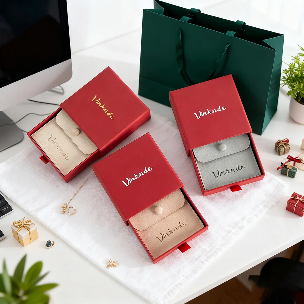 

8x8x2.5cm Custom Luxury Gift Packaging Boxes Sliding Earrings Rings Jewelry Drawer Cardboard Paper Box With Microfiber Snap Bag