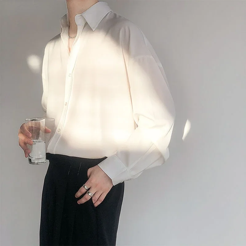 2024 New Ice Silk Drape Shirts for Men Long Sleeve Loose Business Casual Button Solid Color Lapel Designer Clothes Men's Shirt