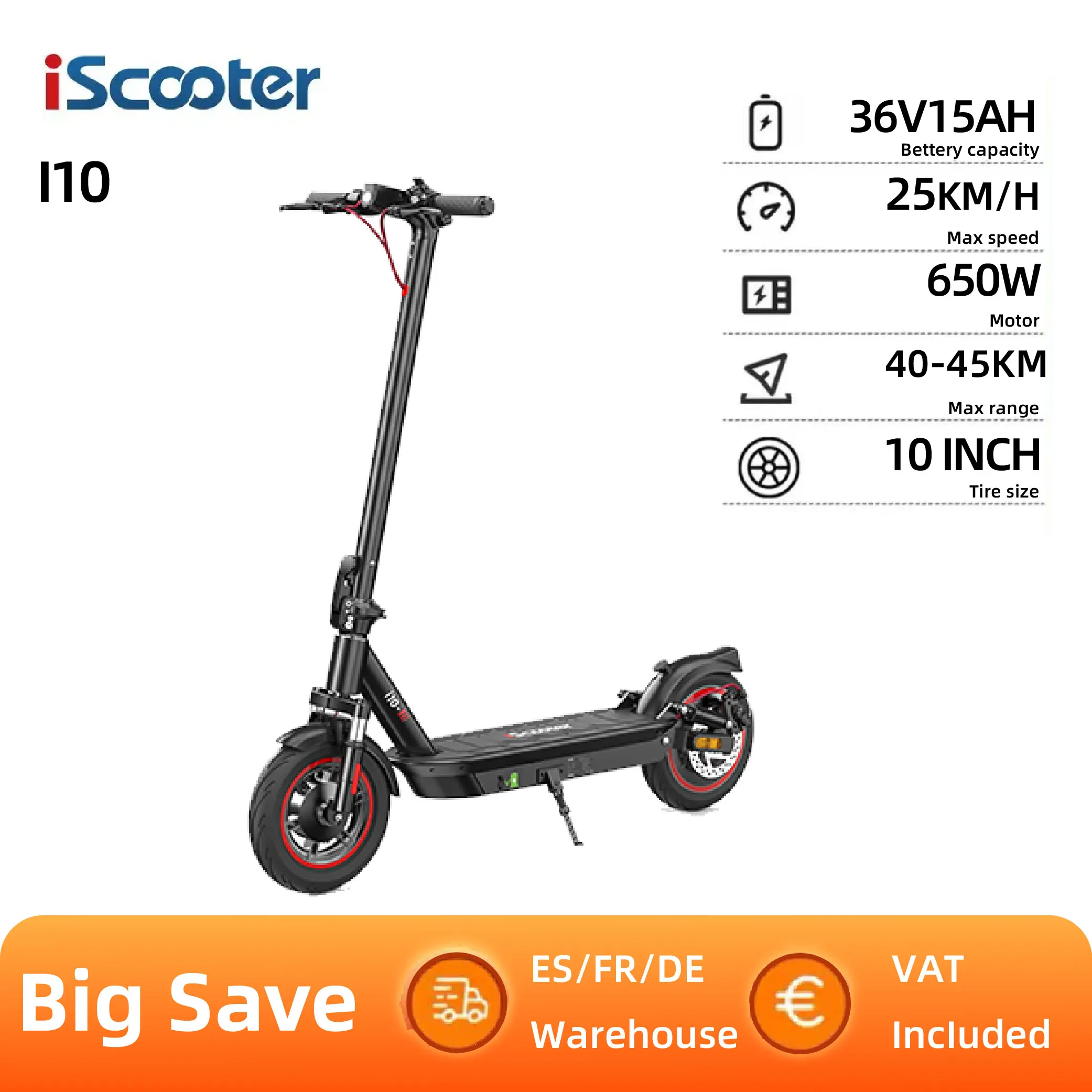 Electric scooters iScooter i10 15Ah 650W autonomy 40-45Km 45 km/h wheels 10 ”front wheel hub brake hidden electronic brake
