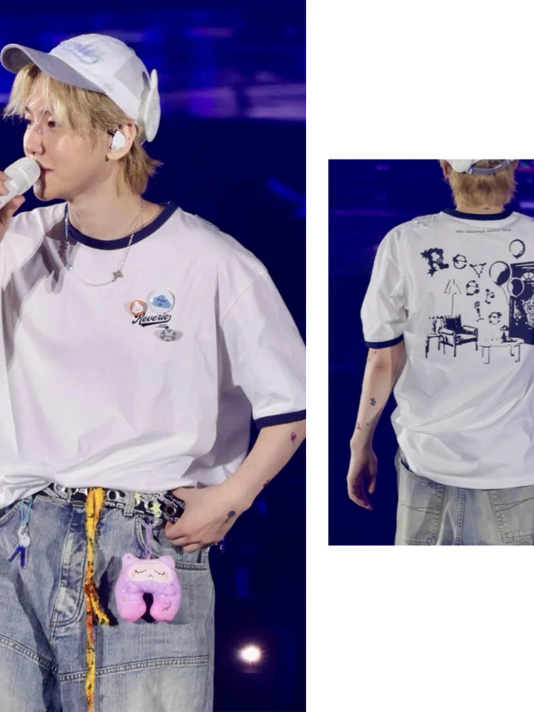 

Bixiong EXO Support Свободная футболка ort Sve Белый цвет Blo Корейский тренд Лето Новое поступление Хлопковая толстовка с круглым вырезом Ne