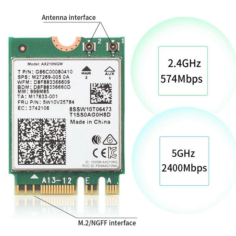 การ์ดเครือข่าย AX210NGW AX210 M.2การ์ด WIFI NGFF 2.4 ghz/ 5G 6E Wi-Fi 2400Mbps 802.11Ax บลูทูธ5.2อะแดปเตอร์ WIFI