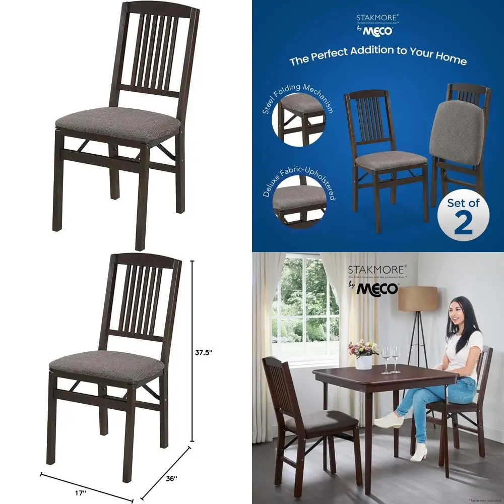 Espresso Stakmore Mission Style Folding Wooden Dining Chairs with Fabric Cushioned Seats for Indoor Use