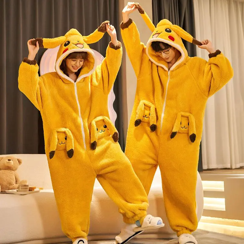 Pokemon Pikachu Cartoon Plush Pajamas Kawaii Anime Creativity Couple Hooded Nightwear Suit Winter Boy Girl Conjoined Homewear