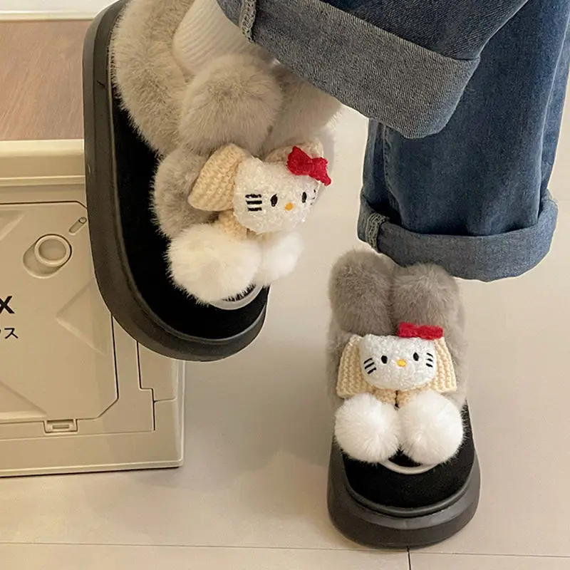 Hello Kitty Anime Kawaii MINISO Lovely Doll Snow Boots Female Cute Cartoon Plus Fleece Cotton Shoes Lovely Gifts for Girls