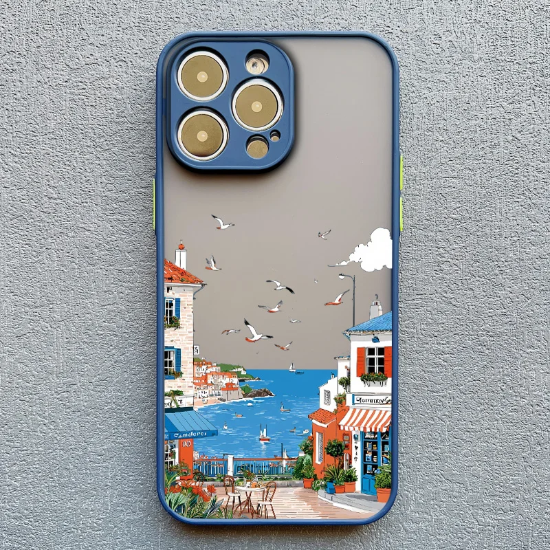 Strandlandschaft Küstenstadt Handyhülle für iPhone 17 15 16 14 Pro Max Plus 13 12 Mini 11 Pro Max XS XR X Blaue Hüllen – Detail 6