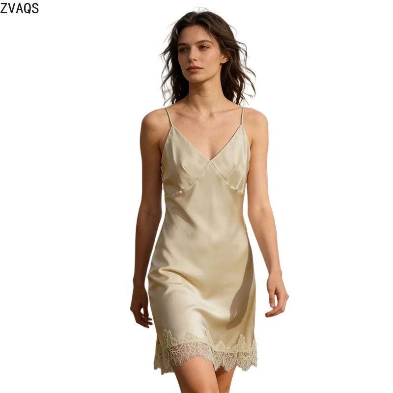 ZVAQS 100% Mulberry Silk Women Satin Nightdress Sleepwear Backless Spaghetti Strap Mini 2026 Summer Hot New Arrival Sexy  שמלות