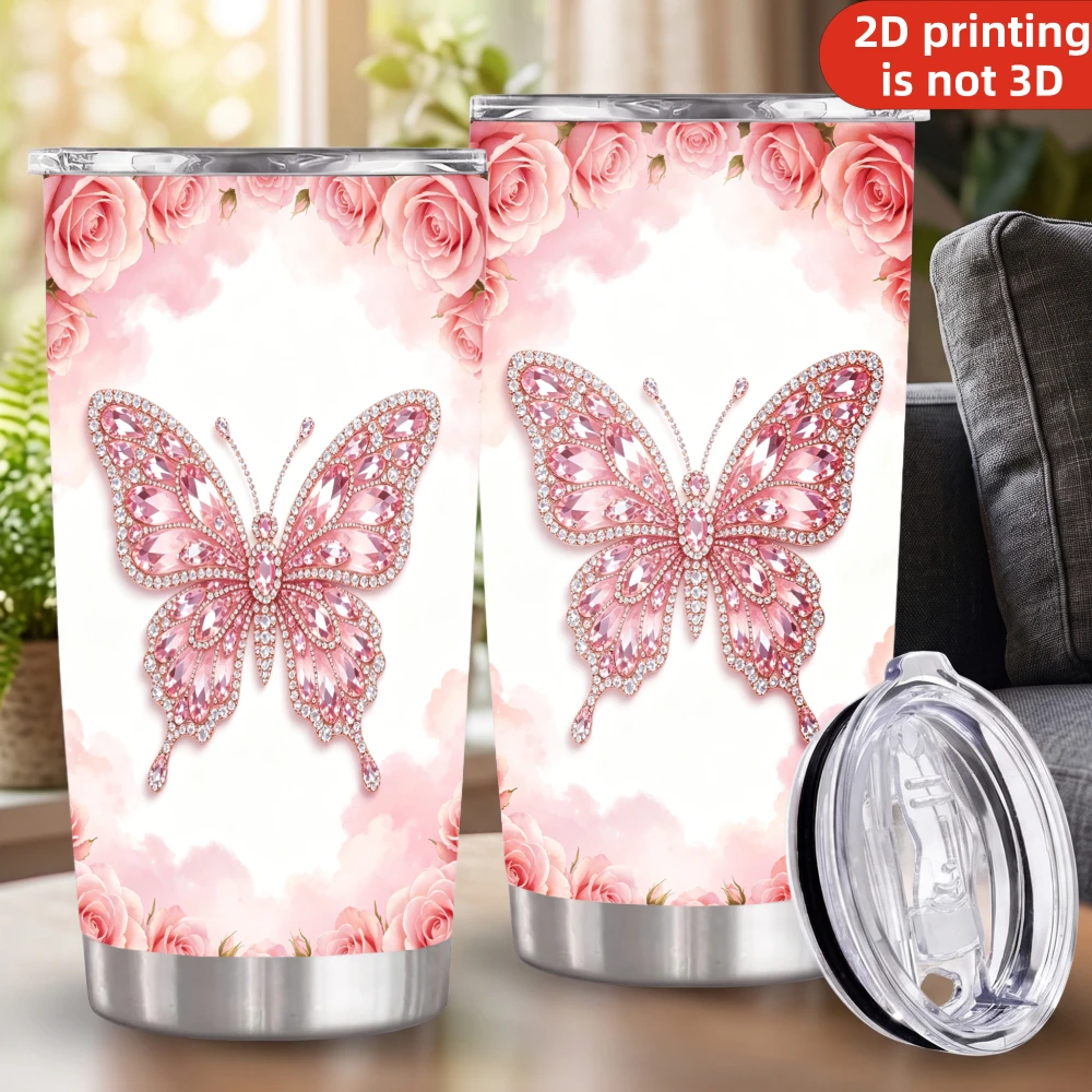 20oz Pink Diamond Butterfly Rose Flower Printed Stainless Steel Tumbler with Lid and Straw, Sparkling Floral Graphic Vacuum Insulated Travel Coffee Mug Gifts for Women