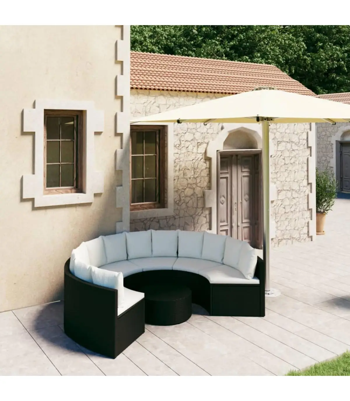 Garden sets garden sofas Set 7 pieces and black synthetic rattan cushions