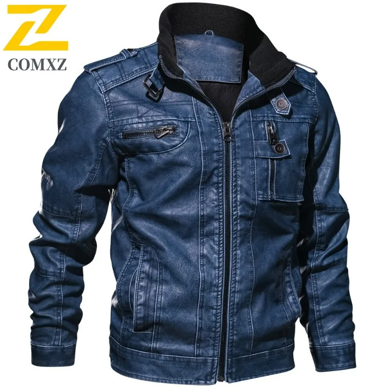 COMXZ Mens PU Leather Jacket New Trendy Stand Collar Travel Thickened Leather Coats Casual Plus Size Windproof Winter Coat​