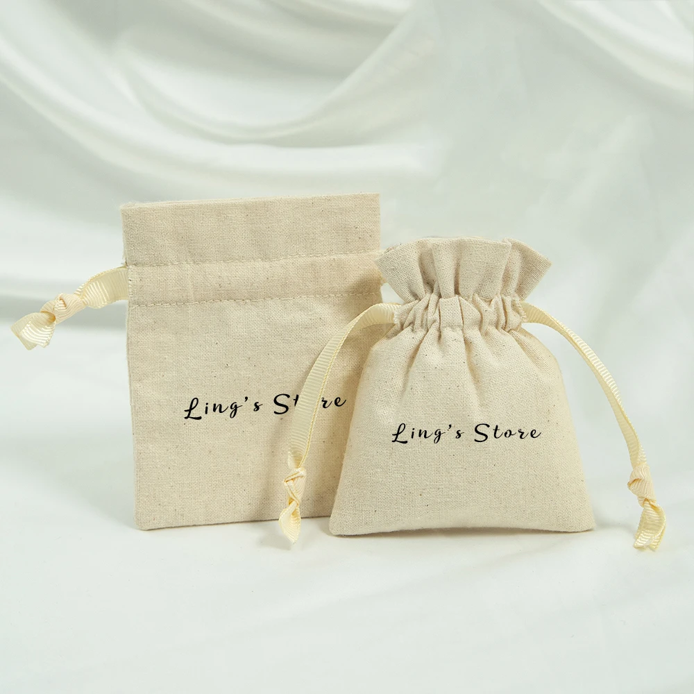 100Pcs Personalized Logo Natural Jewelry Cotton Drawstring Ribbon Gift Bag Earring Ring Cosmetic Shopping Travel Packaging Pouch
