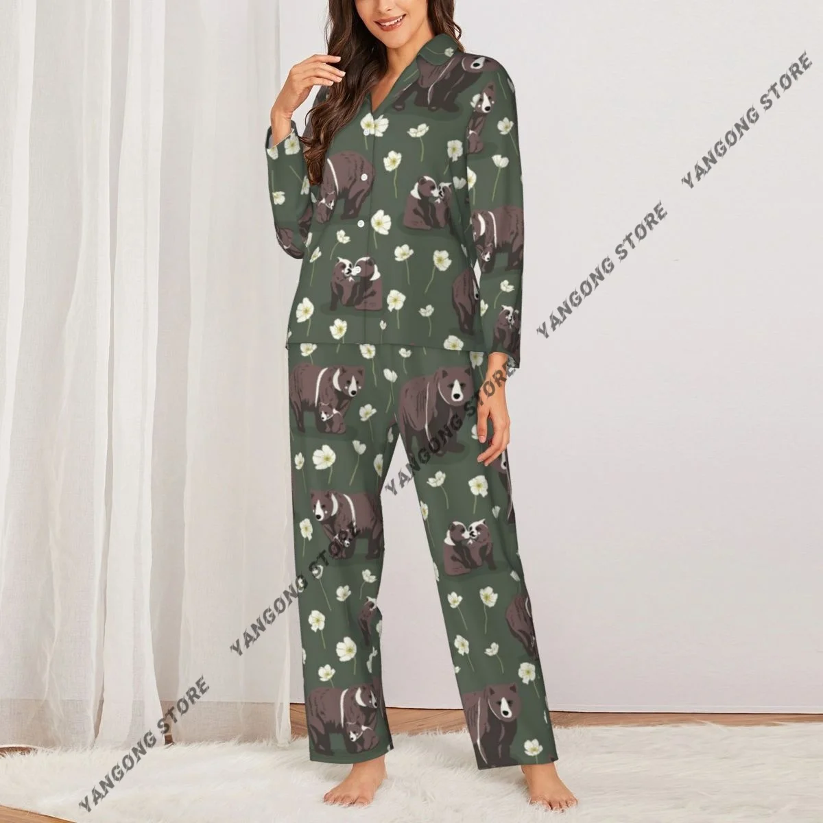 Spring and Autumn Long Sleeve Pants Pajamas Loungewear Set Cute Bear Family Pattern Women's Pull Edge Loose Sleeping Suit