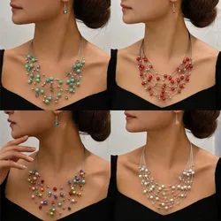 Multilayer Necklace For Women Simulated Pearl Mixed With Crystal Necklace Earrings Set Colorful Beads Women's Accessory