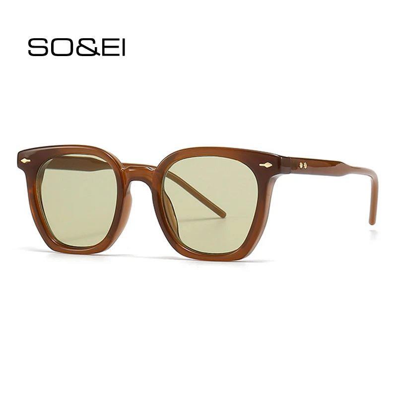 

SO&EI Vintage Square Women Punk Rivets Sunglasses Shades UV400 Fashion Gradient Eyewear Men Dark Green Sun Glasses