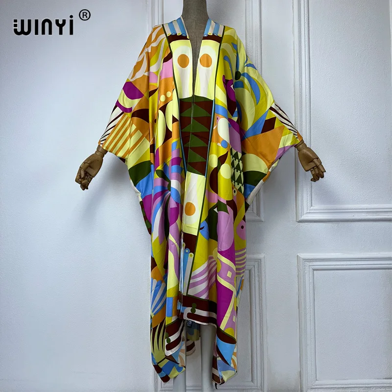 WINYI Summer fashion Beach Geometric print Cover Up Boho Cardigan elegant sexy Holiday Kimono beach wear women 2024 kaftan dress