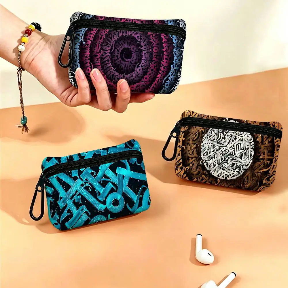 Pokras Totem Design Lampas Art Portable Mini Oxford Cloth Coin Purse With Carabiner Hook Zipper Key Card Earphone Storage Wallet