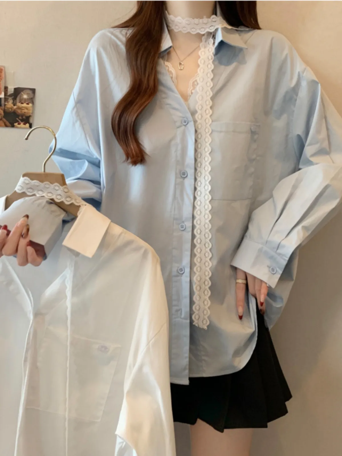 

Женская модная рубашка в французском стиле с кружевными вставками, защитой от солнца, свободного кроя, с длинным рукавом, синяя, с воротником и завязками