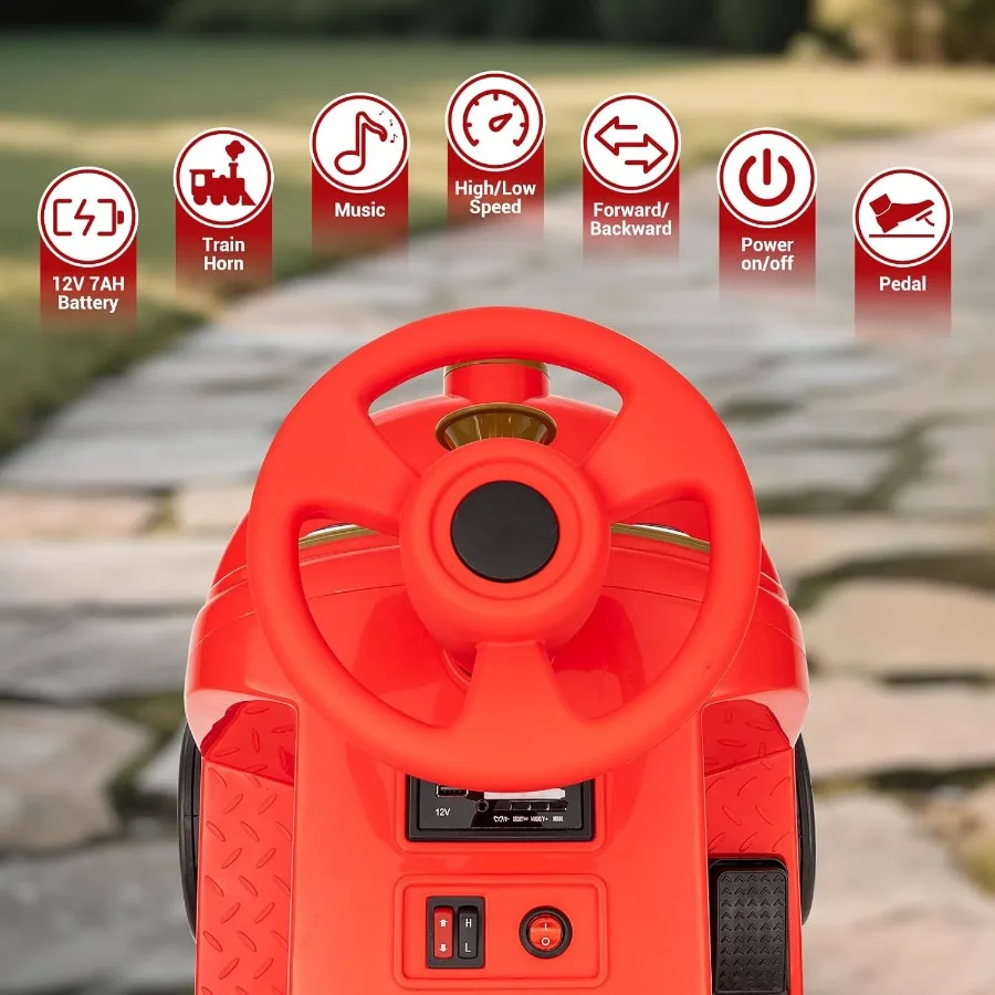 2-Seater Electric Ride On Car Train 12V Trackless Electric Car with Train Whistle Headlight MP3 and Bluetooth Battery Powered R