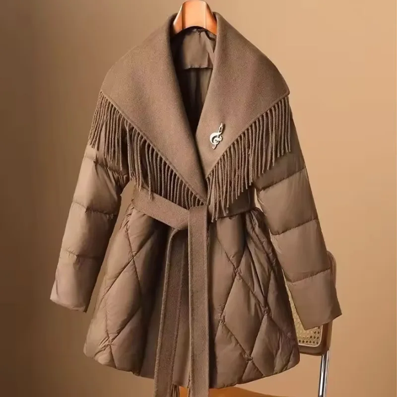 Fashion Woolen Patchwork Lapel Down Cotton Coat Winter Jacket Korean Waist Cinched Mid Length Elegant Parkas Overcoat Female