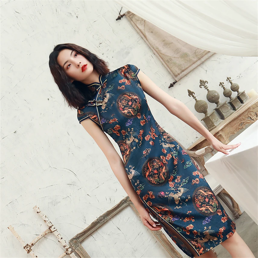 Chinese Traditional Dress Cheongsam Qipao Women Girls Party Wedding Fashion Vintage Retro Crane Floral Print Satin Short Dress