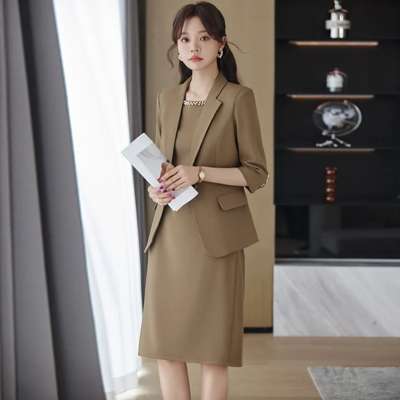 Brown Business Wear Suit Women's Summer Thin Temperament Small Size Jewelry Shop Workwear Suit Cover Skirt Summer