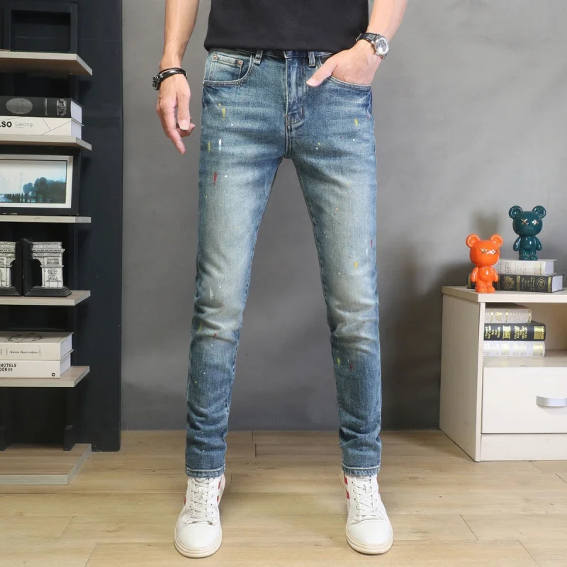

2026 Autumn New Arrival Men's Slim Skinny Denim Jeans Paint Splatter Stretch Casual Fashion Trousers