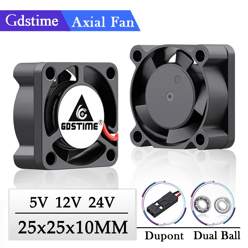 Gdstime 2Pcs 5V 12V 24V Ball/Sleeve Axial Cooler 25x25x10mm 2.5cm Mini Cooling Fan 2510 25mm Centrifugal Electric 3D Printer Fan