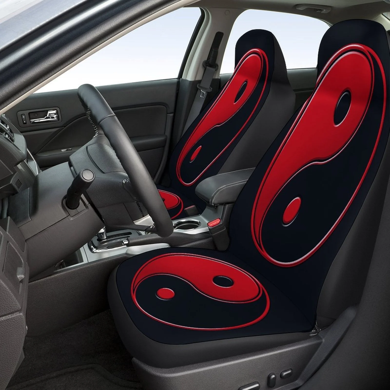 Set Of Car Seat Covers Featuring A Yinyang Design, Suitable For Various Vehicles. Stylish And Unique, This Complete Set Includes