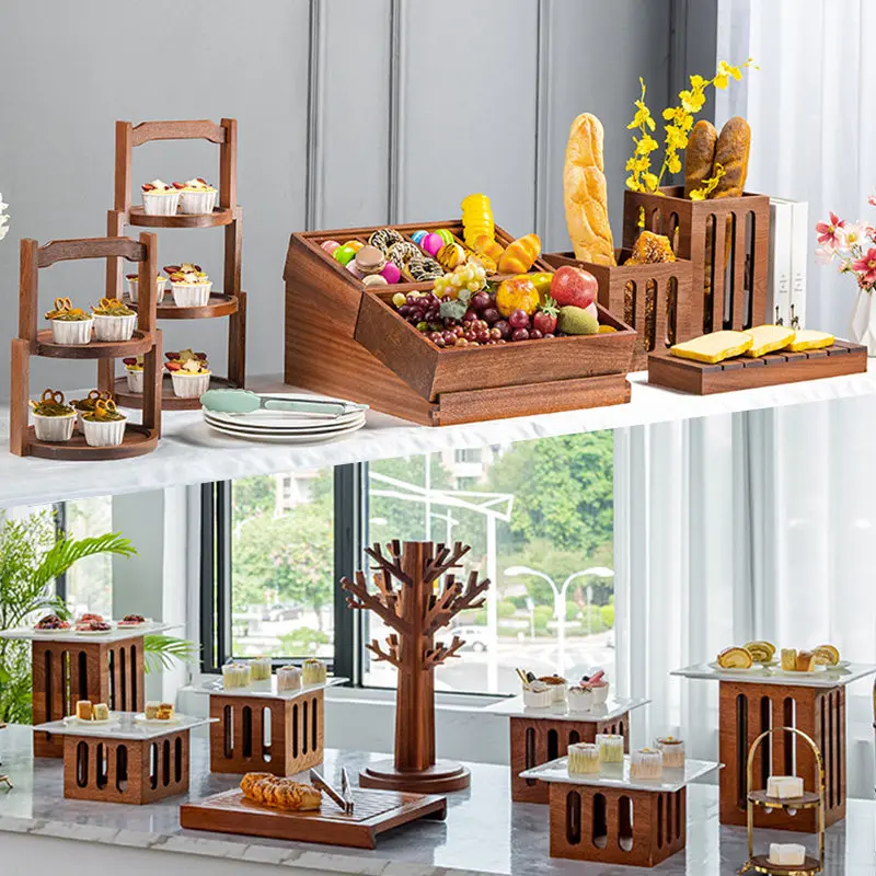 ZML Display Stand for Ornaments, Buffet Cake and Dessert Stand, Bread Tray, Cold Meal and Tea Break Display Table, Wooden