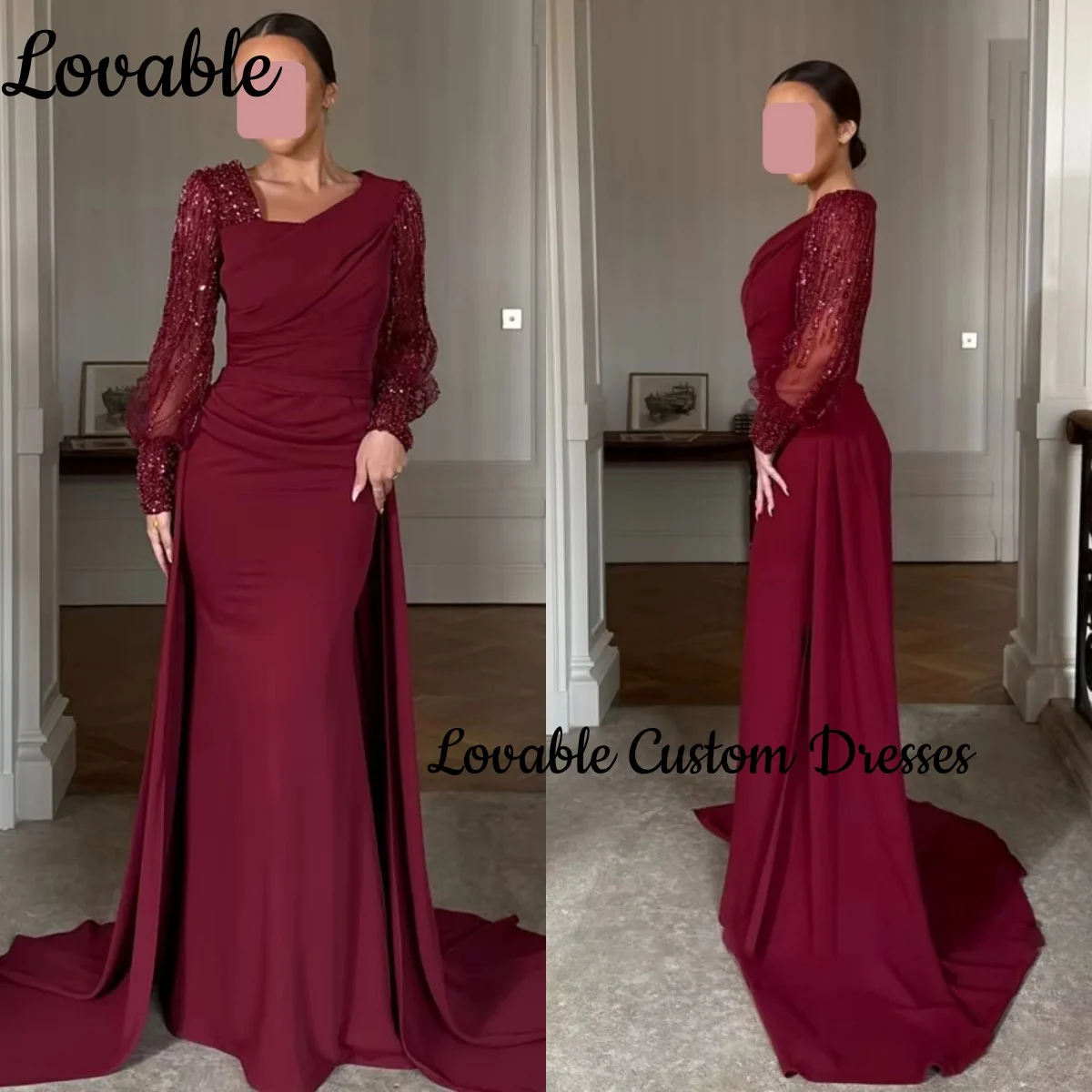 فستان سهرة نسائي A-lijn met vierkante halslijn, vloerlengte, ruches, formele gelegenheidsjurken, ritssluiting, lange mouwen, bruiloft